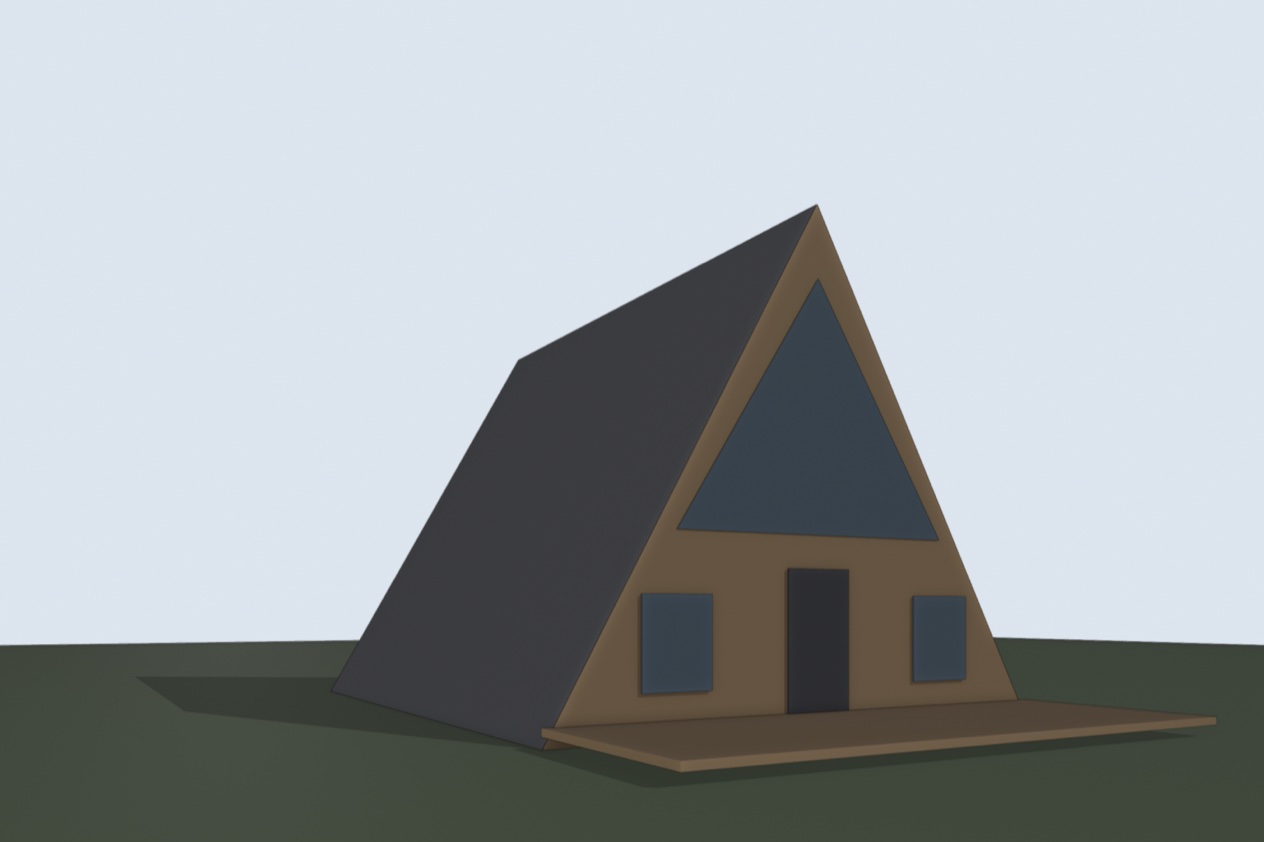 Blender viewport of an A-frame cabin, flat grey and timber colours