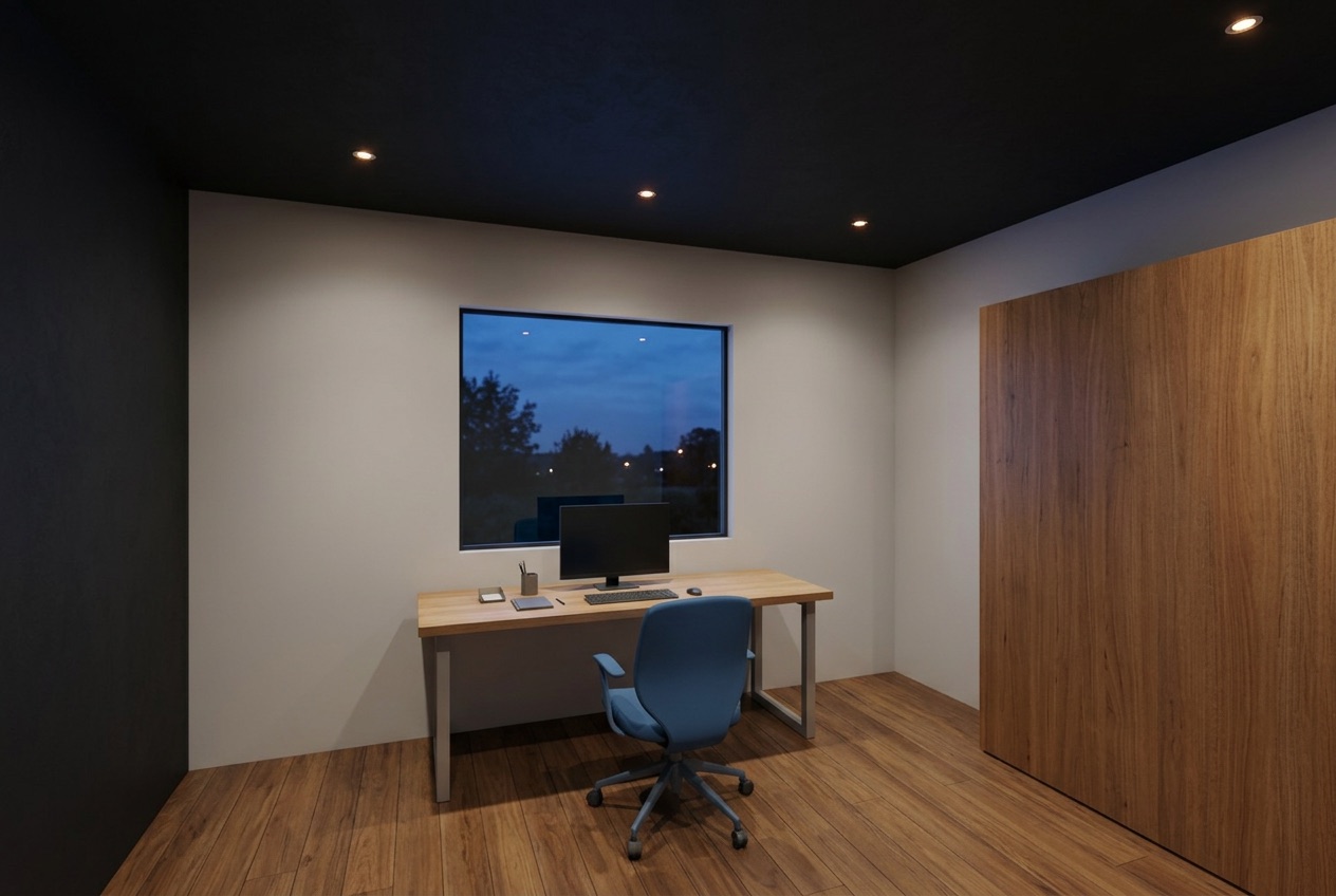 AI concept render of the same home office at dusk
