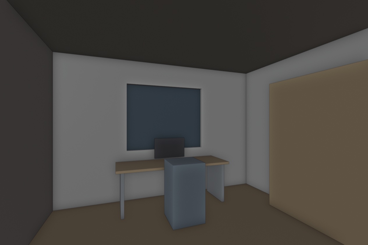 Blender viewport of a home office interior with block furniture